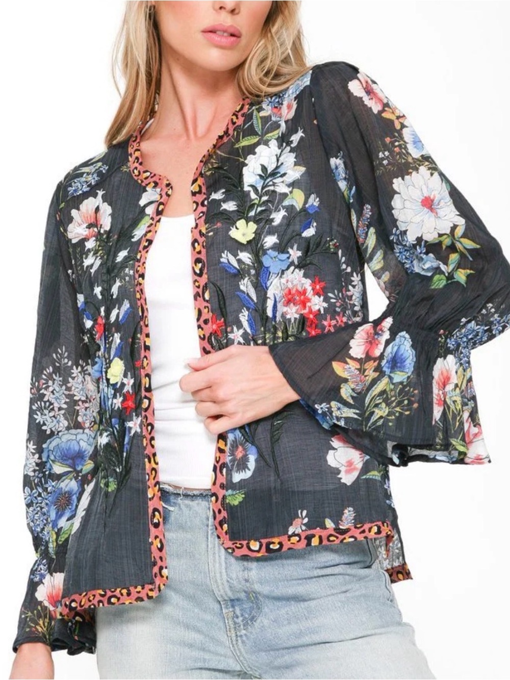 ARATTA Silent Journey Navy Floral Print Embroidered Embellished Lightweight Top